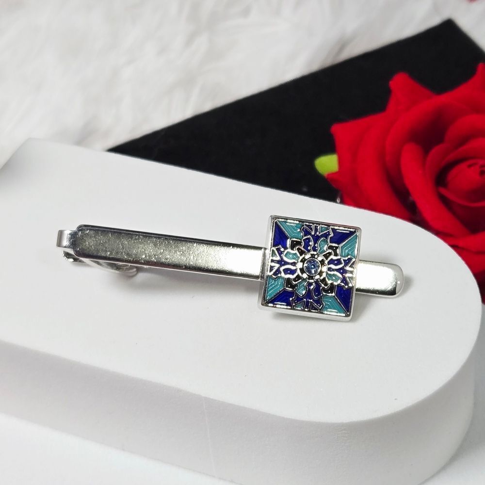 Blue Enamel Square Mosaic Tie Bar Silver Rhinestone Accent Formal Gift Clip-On